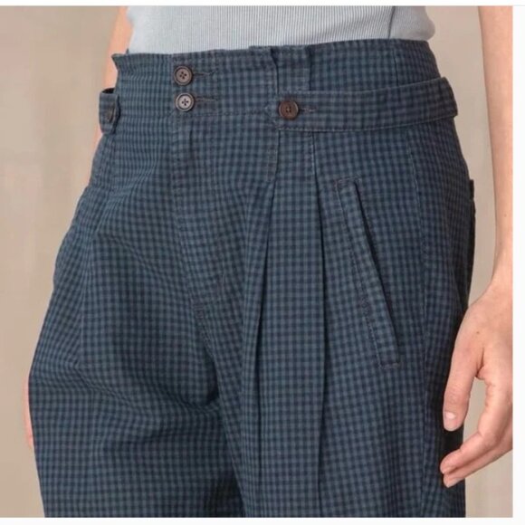 Sundance 'Vie De Reve' Cotton/Linen Navy Check High Rise Paperbag Ankle Pants 8 - Picture 3 of 16